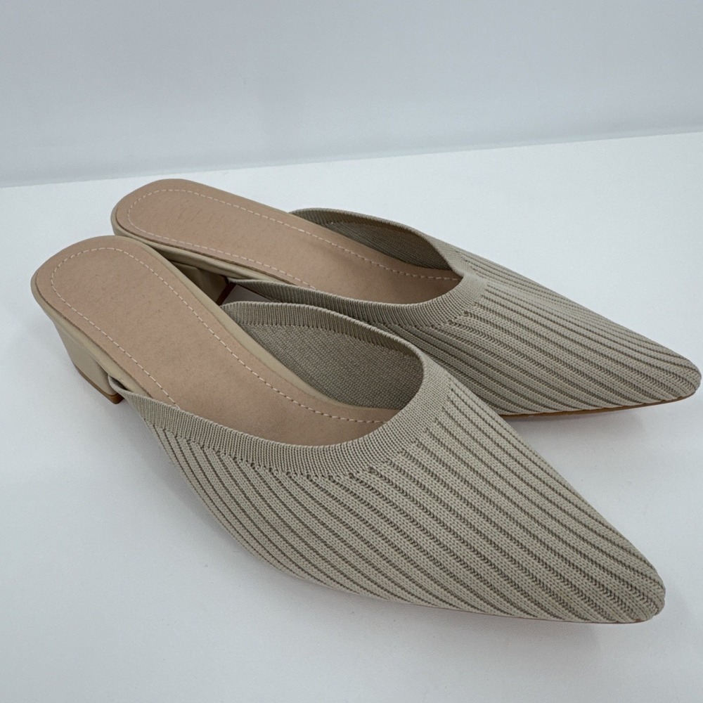 TIJN Helka Vegan Mules Women's Size 8 Beige Stretch Recycled Ribbed Fabric Point